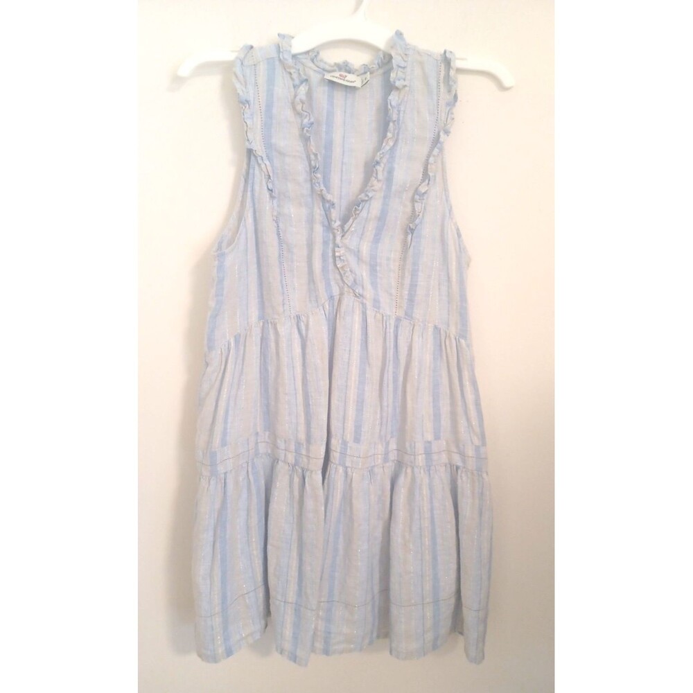 Vineyard Vines Tiered Ruffled Dress Pebble Gray Blue Linen M Coastal Beachy